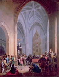 Der Brief der katholischen Könige, der die Einwohner von Palos auffordert, zwei Schiffe für Christoph Kolumbus bereitzustellen, wird am 23. Mai 1492 von der Kanzel der Kirche S. Jorge verlesen
